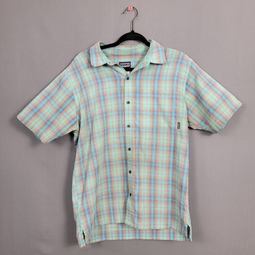 Patagonia Plaid Seersucker Short Sleeve Button Up Shirt Blue Teal Outdoor M